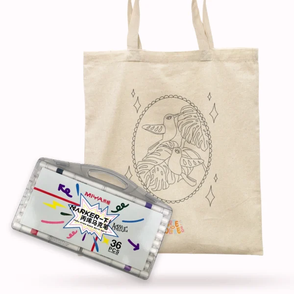 TOTE BAG COLOREABLE (COLIBRÍES) + MIYA SET ACRÍLICOS 36 COLORES