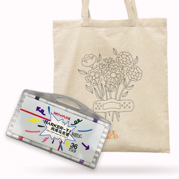 TOTE BAG COLOREABLE (FLORES) + MIYA SET ACRÍLICOS 36 COLORES